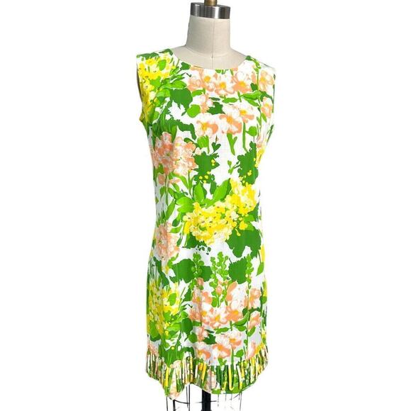 1960s VTG Cotton Floral Dress Smart Time Unique Hem Sz S/M Yellow Green Orange - Picture 2 of 6